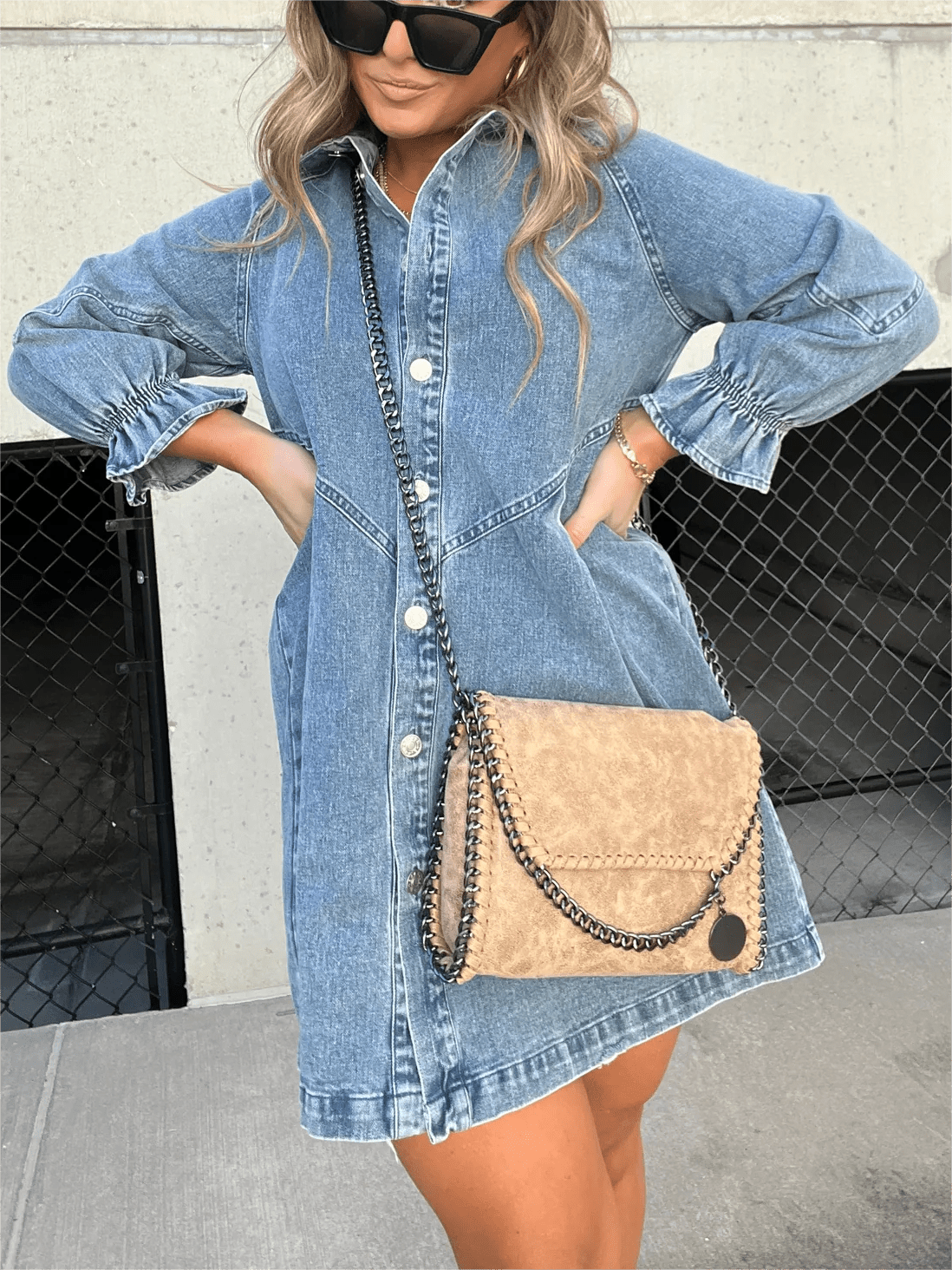 stylub Galilea - Chic Turn-Down Collar Denim Midi Dress