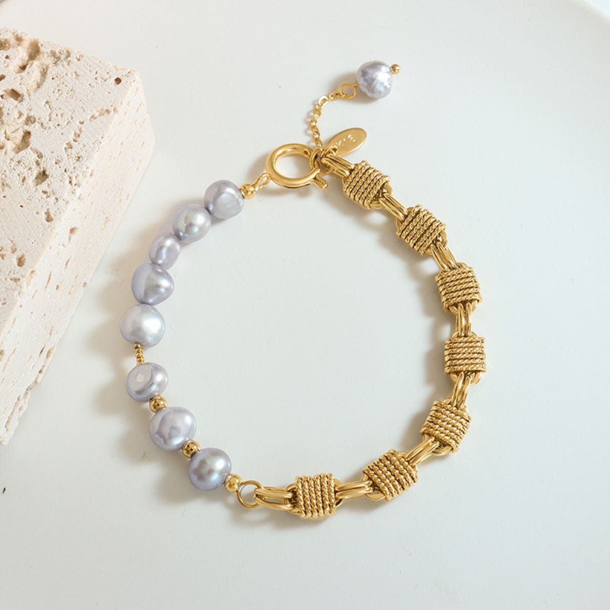 stylub Half Pearl Half Chain Stainless Steel Bracelet