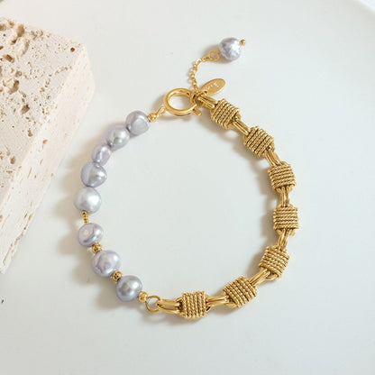 stylub Half Pearl Half Chain Stainless Steel Bracelet