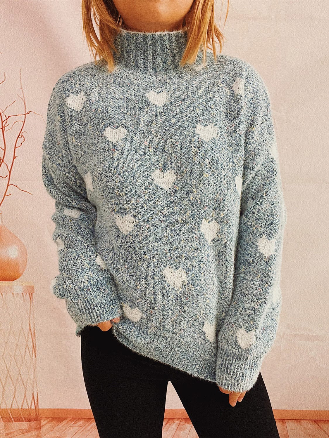 stylub Heart Heathered Turtleneck Drop Shoulder Sweater