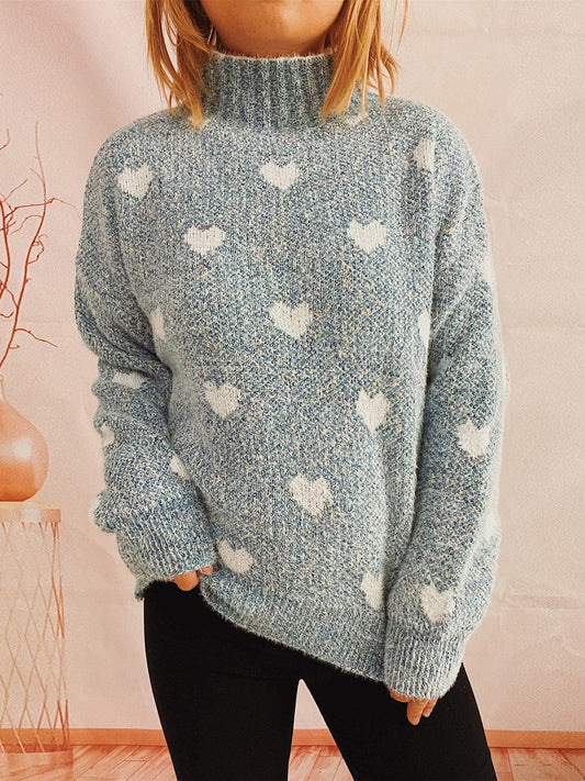 stylub Heart Heathered Turtleneck Drop Shoulder Sweater