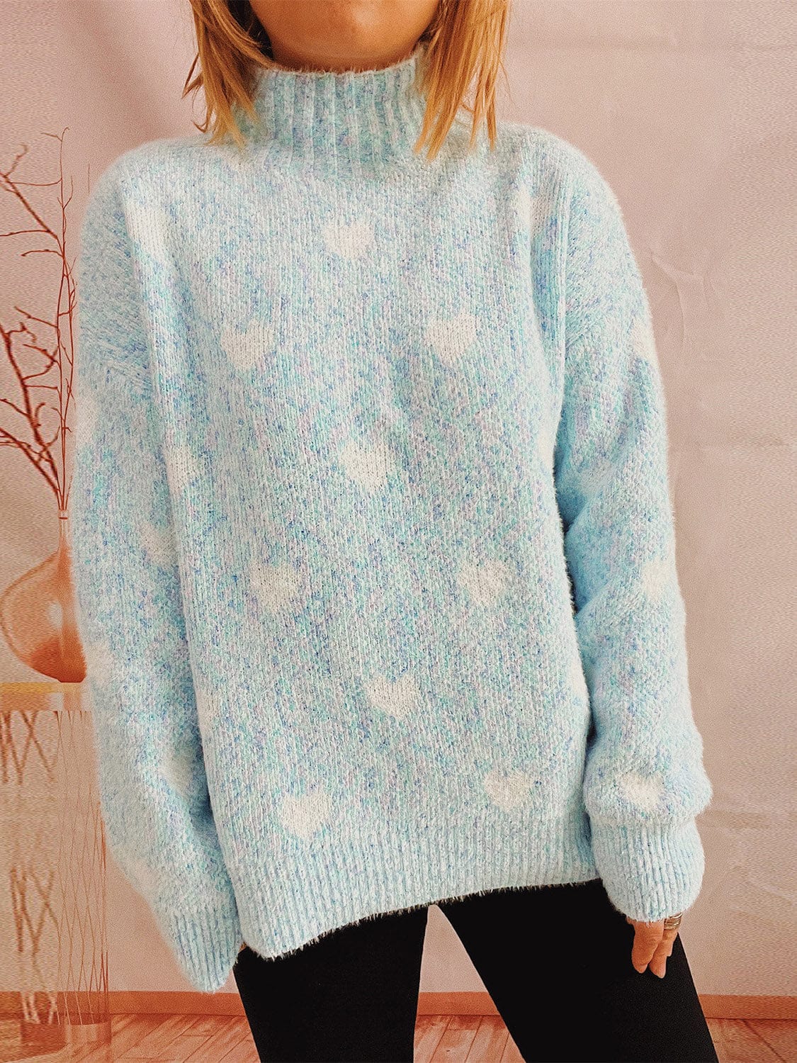 stylub Heart Heathered Turtleneck Drop Shoulder Sweater