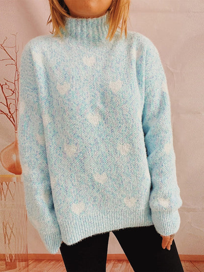 stylub Heart Heathered Turtleneck Drop Shoulder Sweater