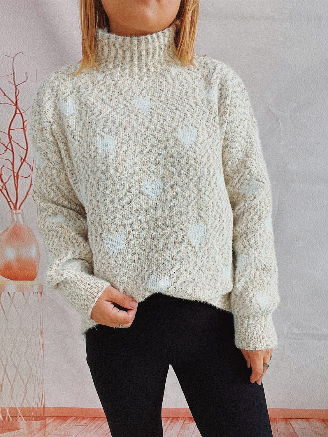 stylub Heart Heathered Turtleneck Drop Shoulder Sweater
