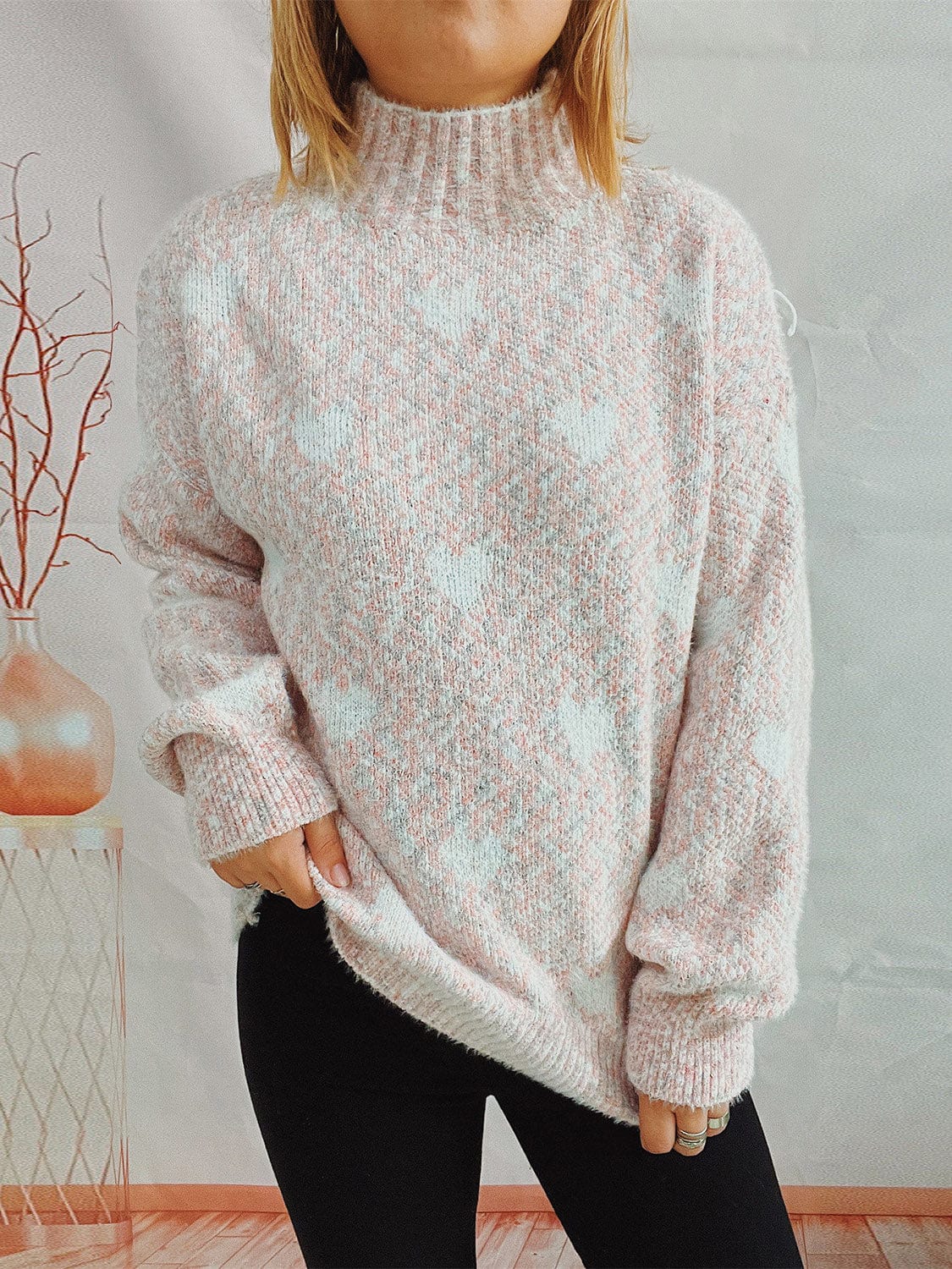 stylub Heart Heathered Turtleneck Drop Shoulder Sweater