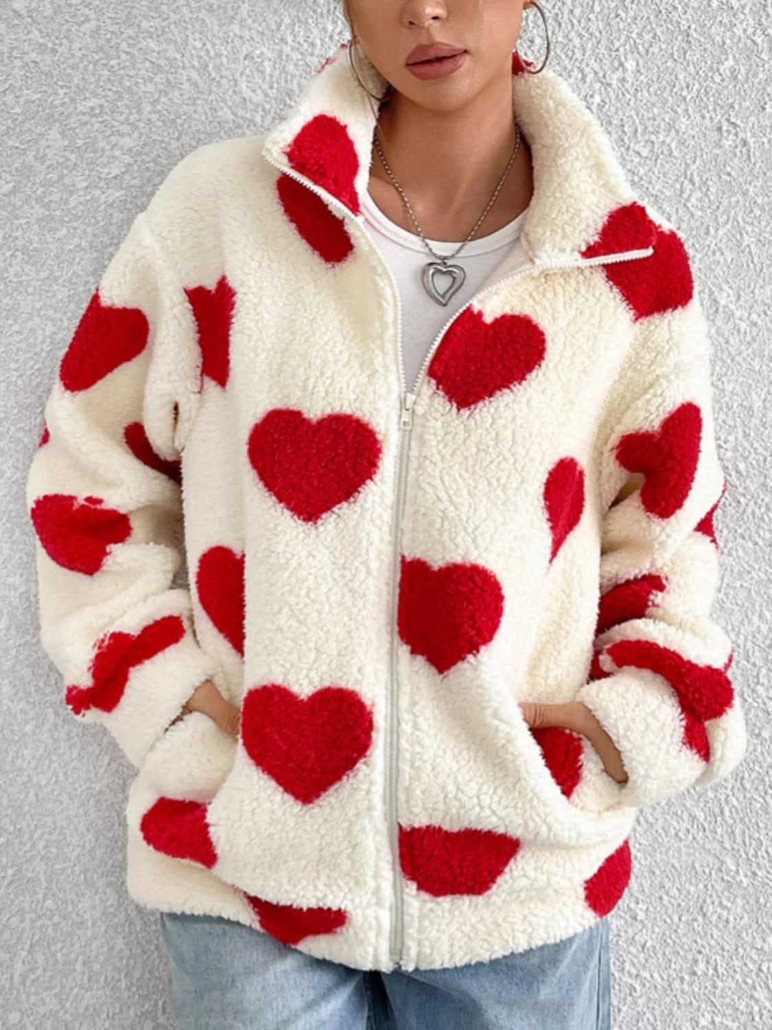 stylub Heart Zip Up Drop Shoulder Furry Jacket
