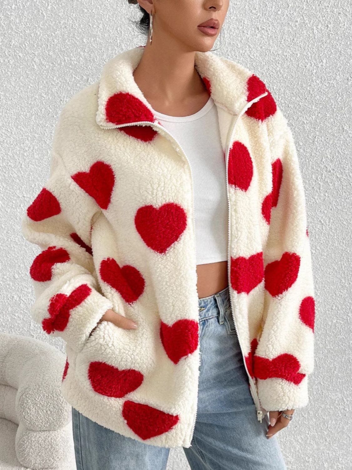 stylub Heart Zip Up Drop Shoulder Furry Jacket