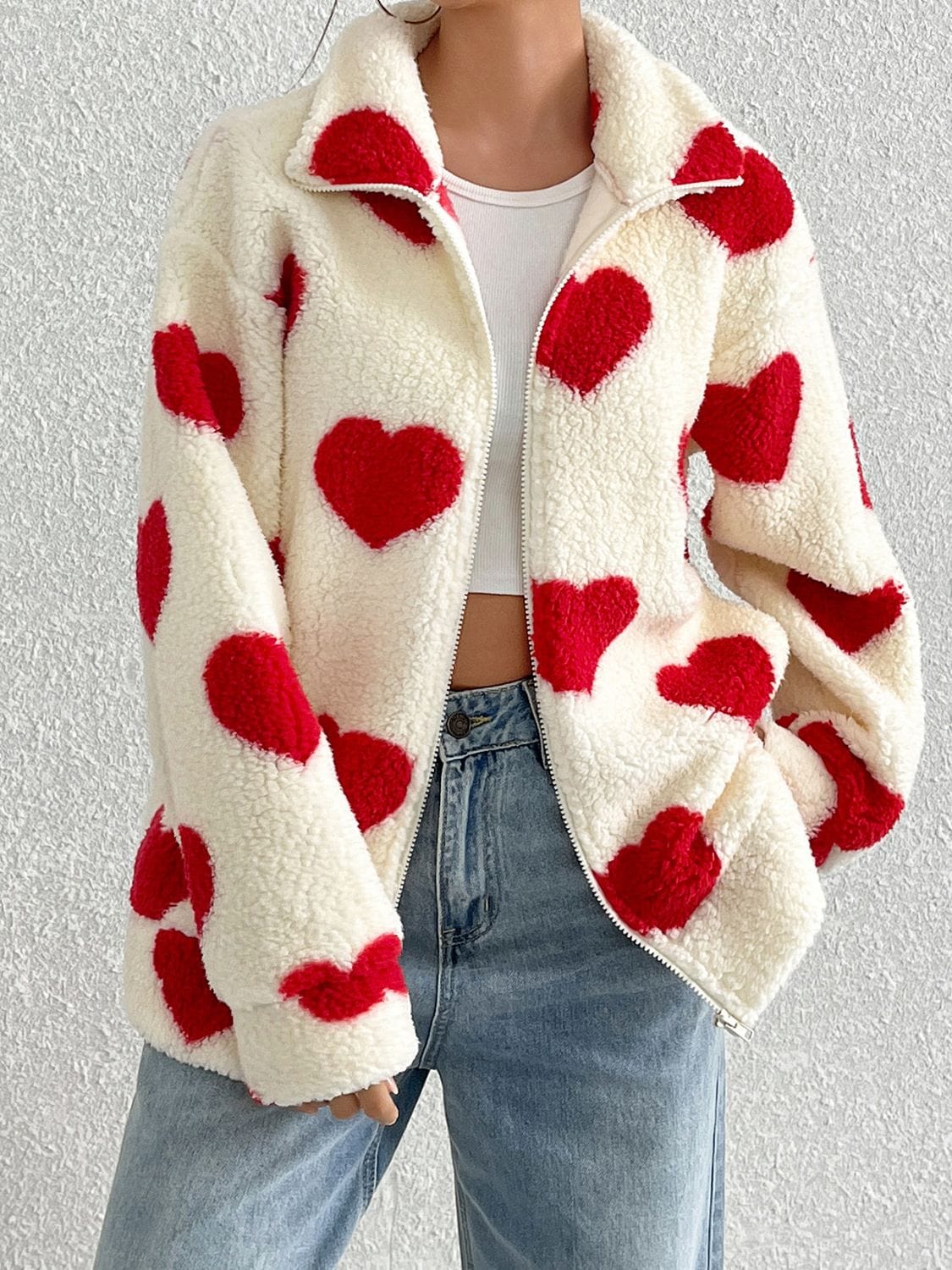 stylub Heart Zip Up Drop Shoulder Furry Jacket