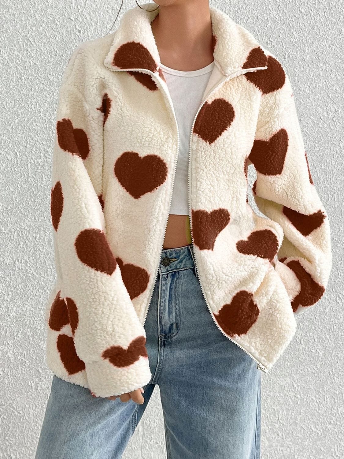 stylub Heart Zip Up Drop Shoulder Furry Jacket