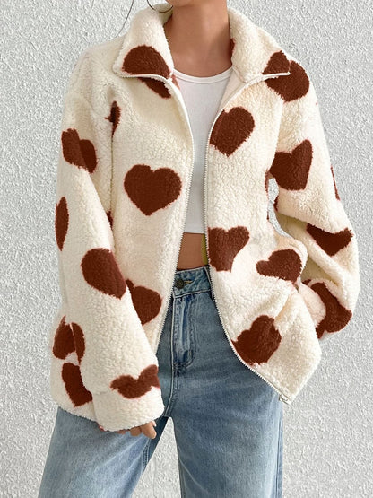 stylub Heart Zip Up Drop Shoulder Furry Jacket