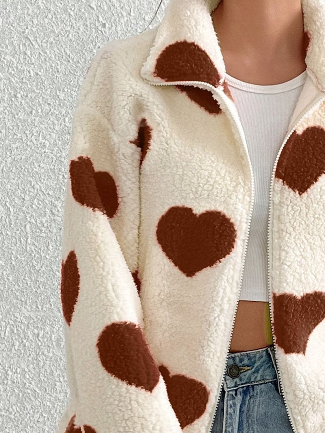stylub Heart Zip Up Drop Shoulder Furry Jacket