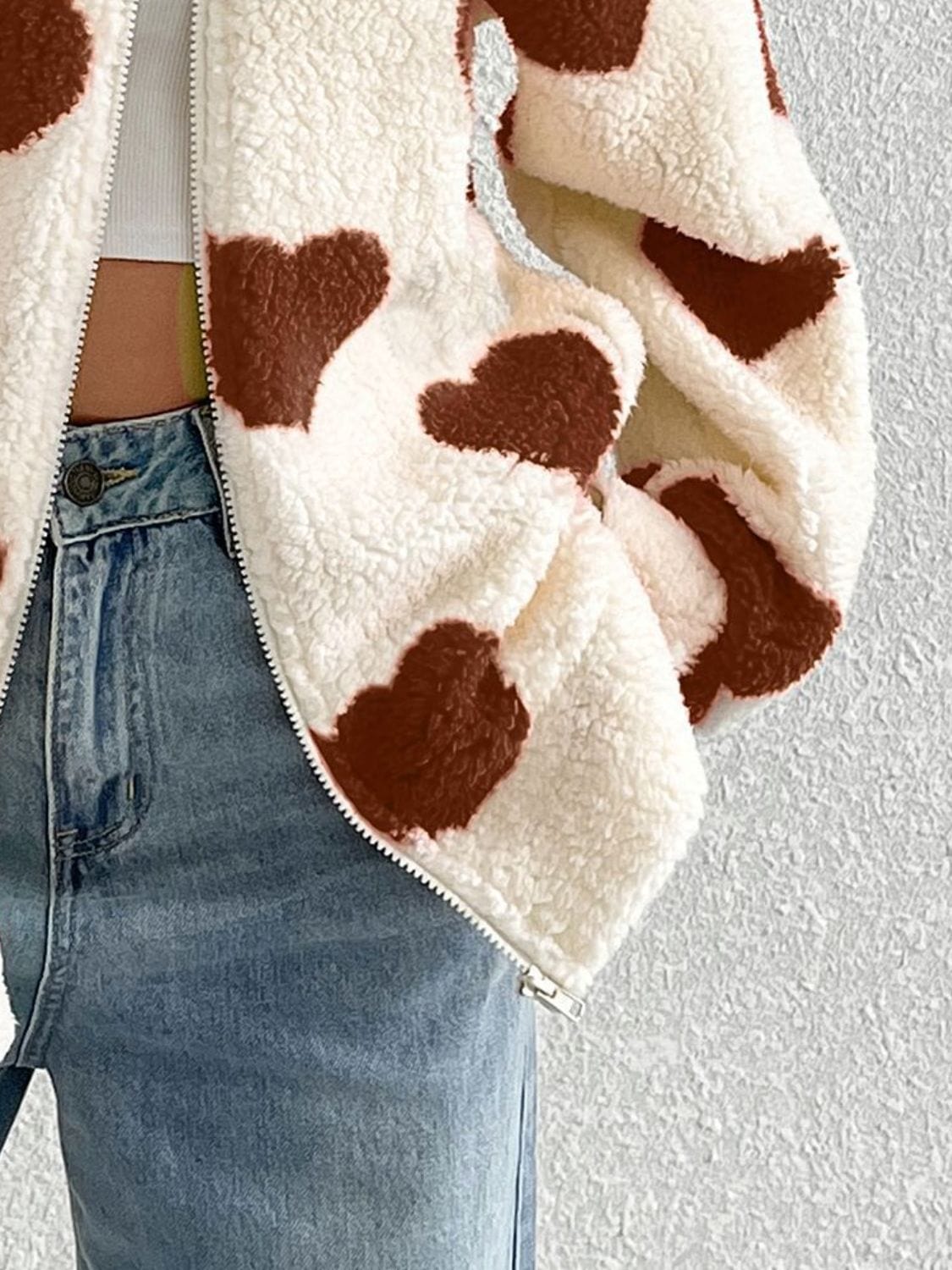 stylub Heart Zip Up Drop Shoulder Furry Jacket