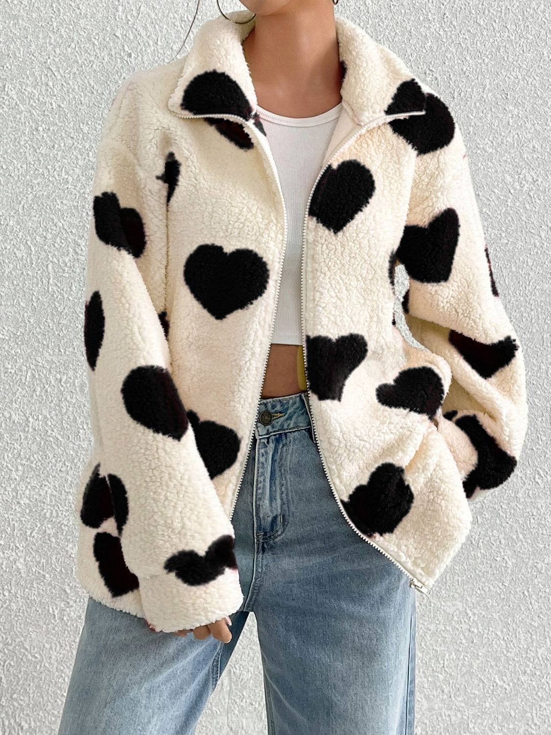 stylub Heart Zip Up Drop Shoulder Furry Jacket