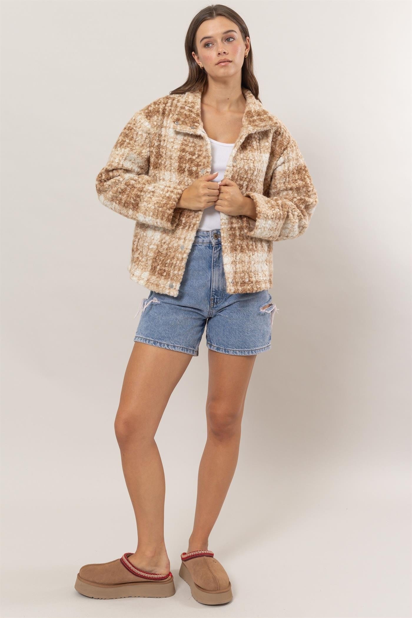 stylub HYFVE Plaid Collared Neck Boucle Jacket with Pockets