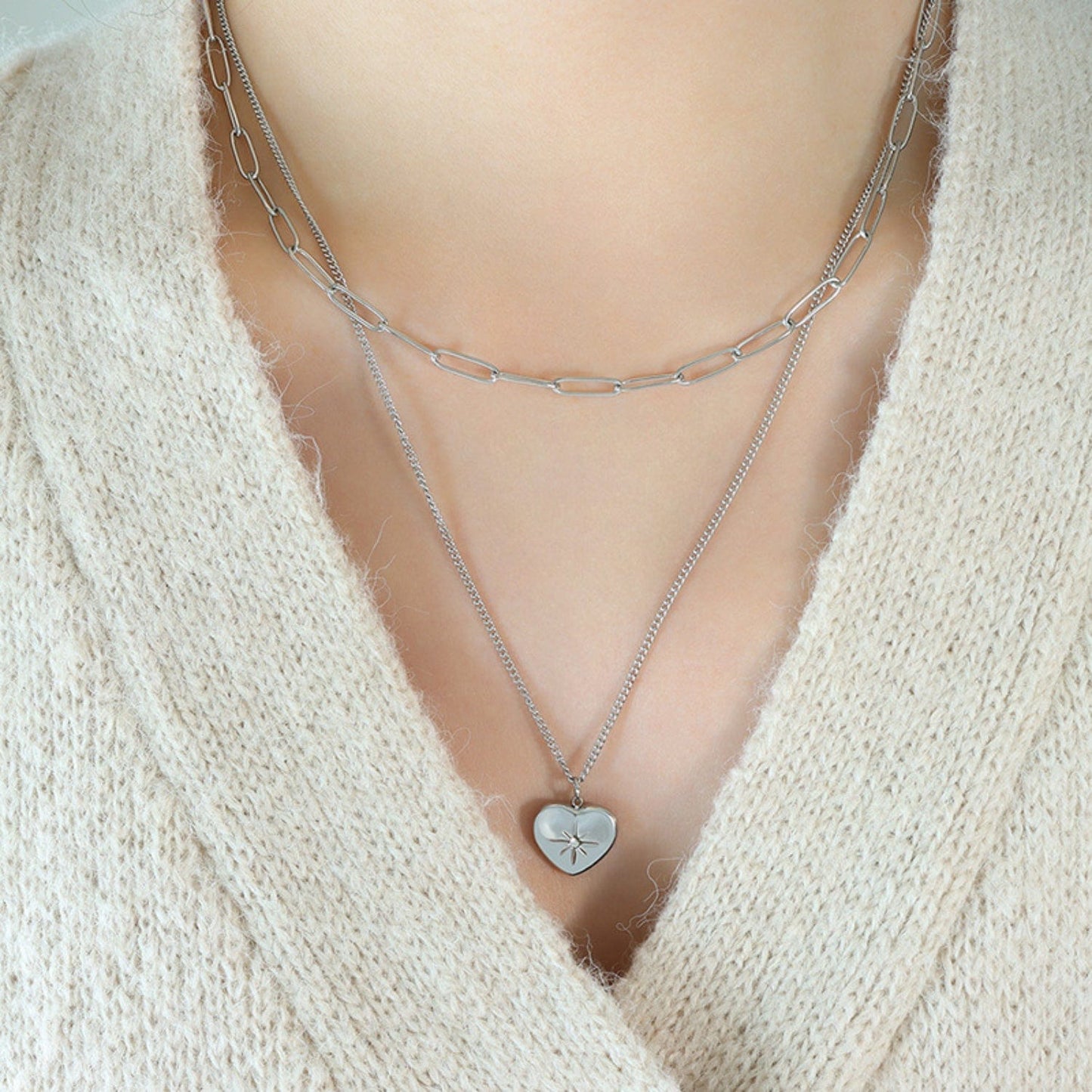 stylub Inlaid Zircon Double Layered Heart Pendant Necklace
