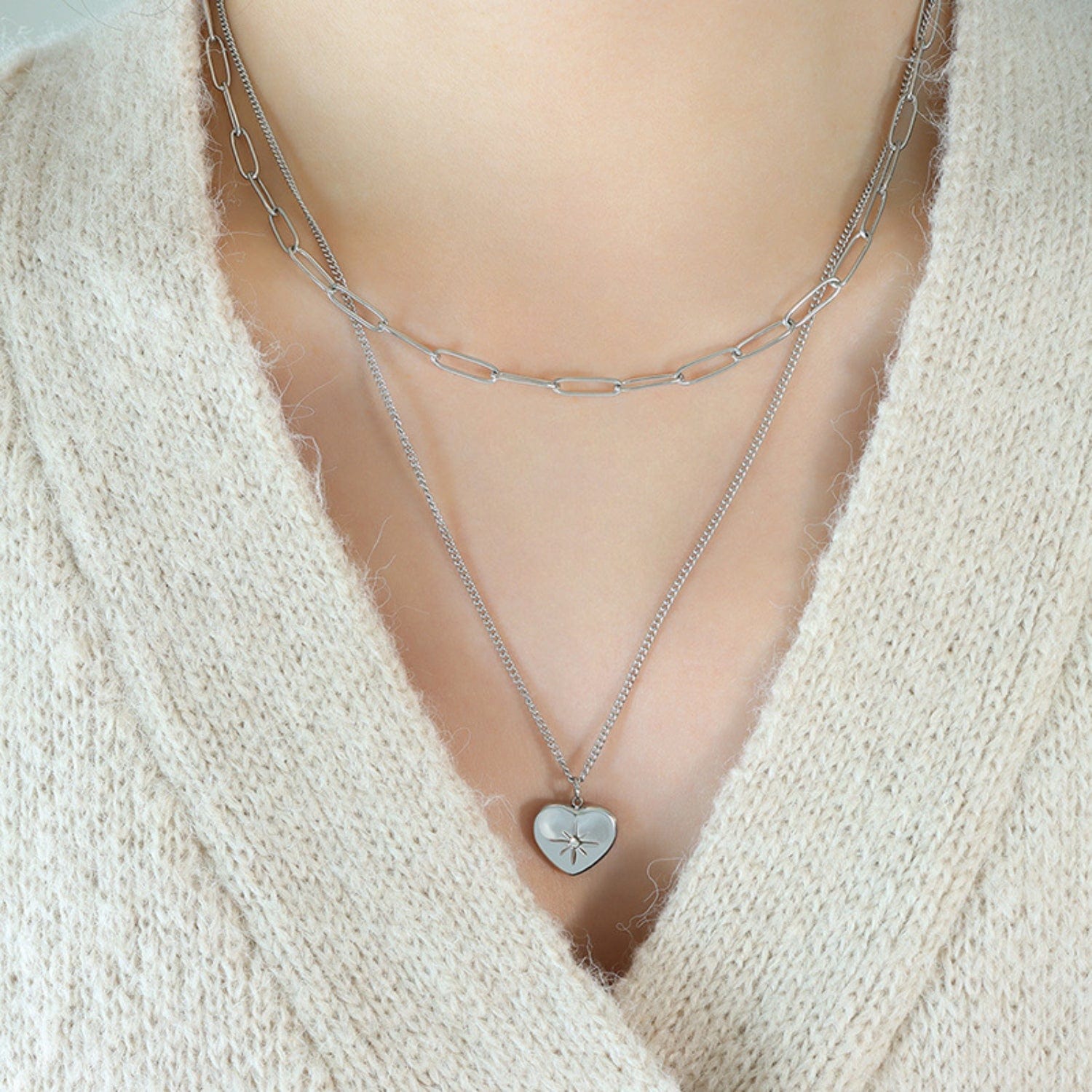 stylub Inlaid Zircon Double Layered Heart Pendant Necklace