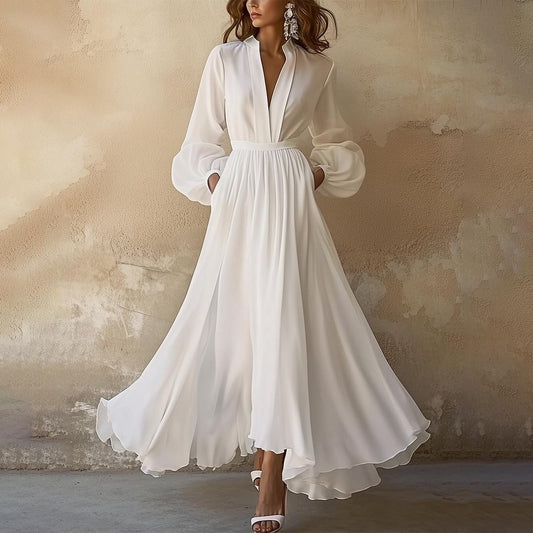 stylub Laura - Vintage-Inspired White V-Neck Maxi Dress