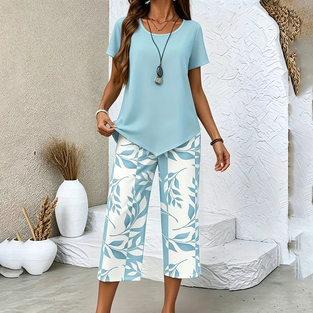 Stylub Leaf Print Pants & Asymmetrical Top Set — Effortlessly Cool, All Day Long