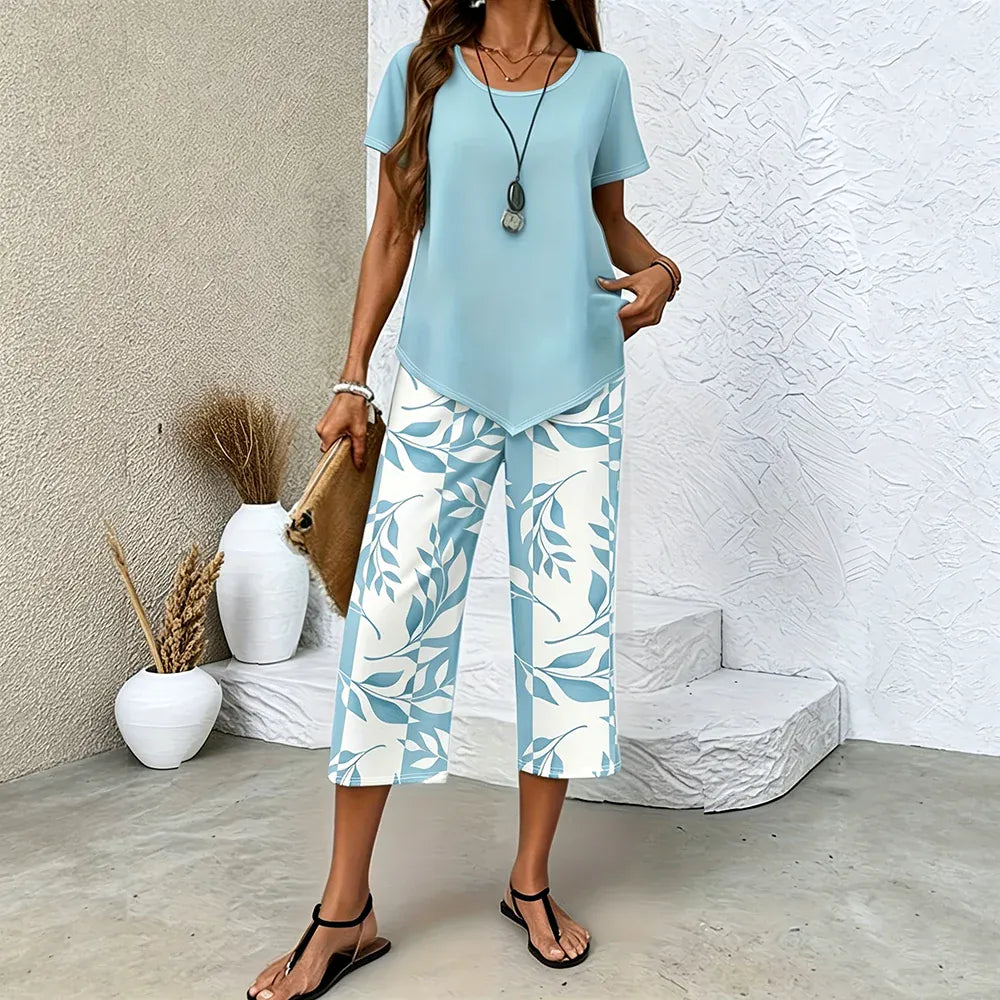 Stylub Leaf Print Pants & Asymmetrical Top Set — Effortlessly Cool, All Day Long