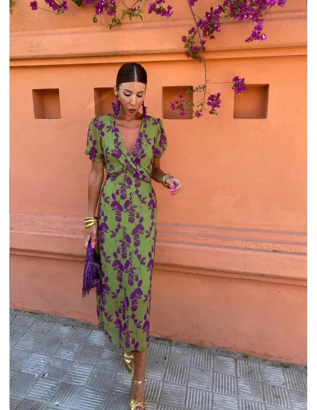 stylub Lucinda - Boho V-Neck Floral Pleated Dress