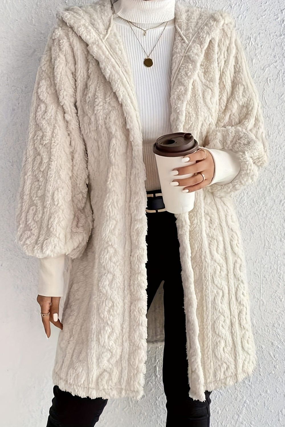 stylub Open Front Long Sleeve Fuzzy Hooded Jacket