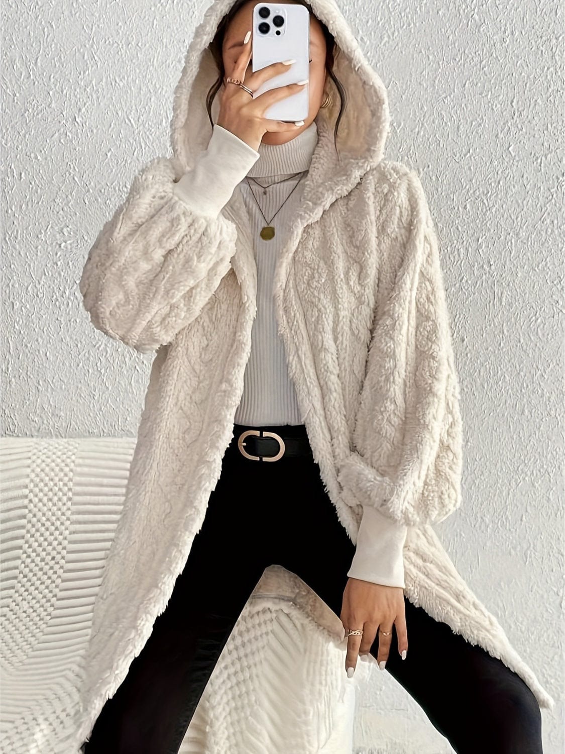 stylub Open Front Long Sleeve Fuzzy Hooded Jacket