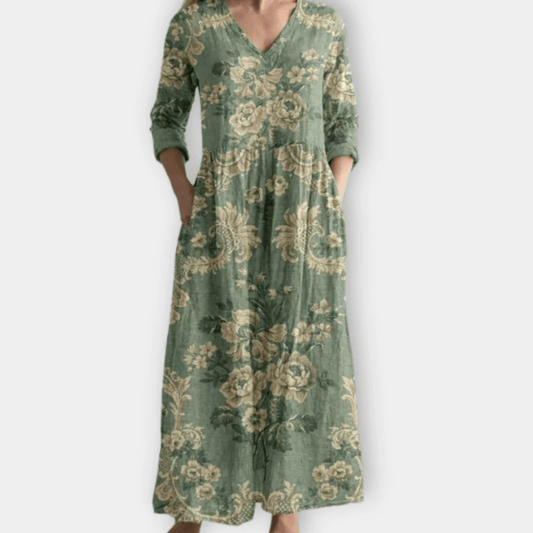 stylub Pearl - Elegant V-Neck Floral Cotton Dress