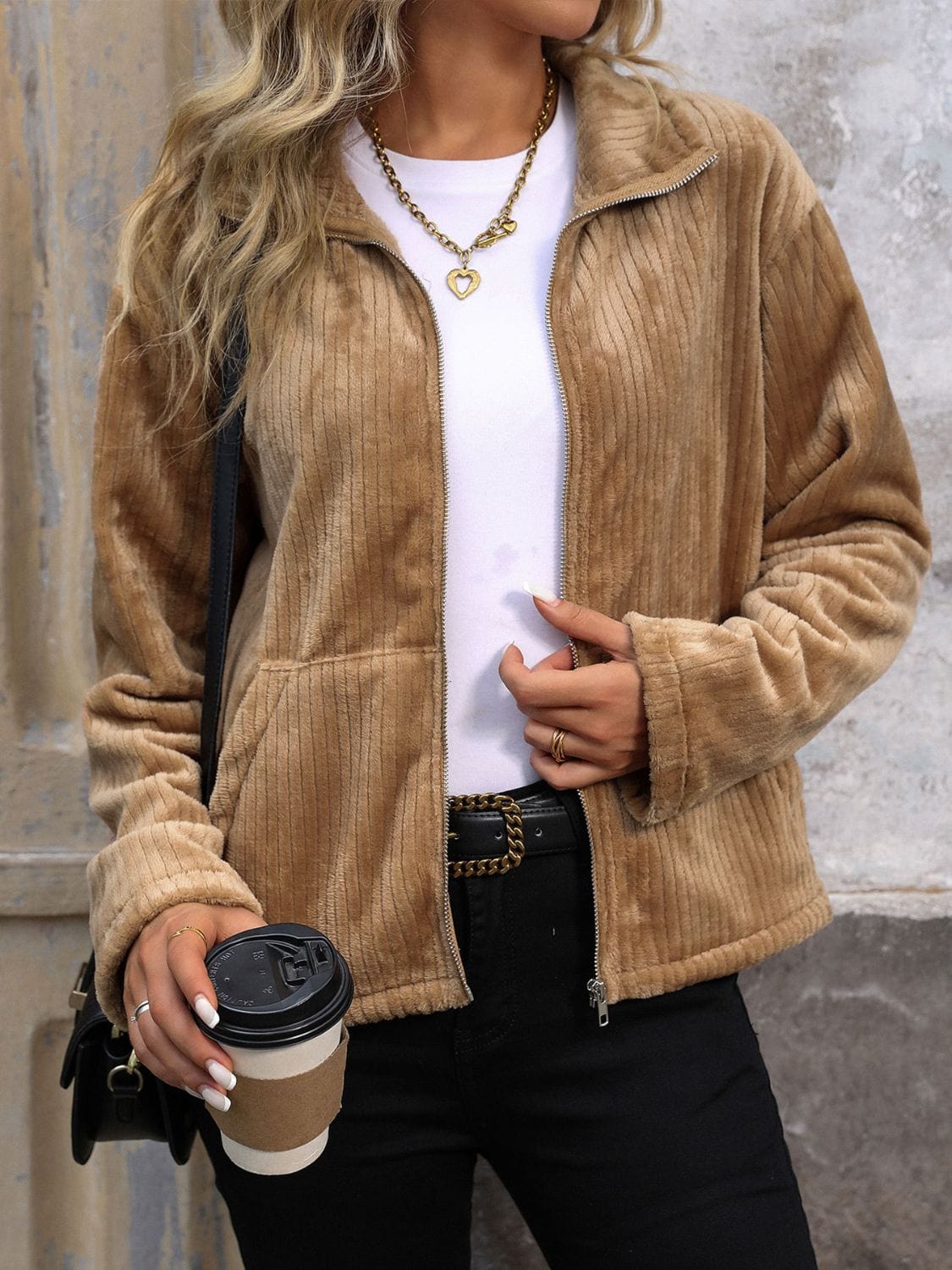 stylub Perfee Pocketed Zip Up Collared Neck Long Sleeve Jacket