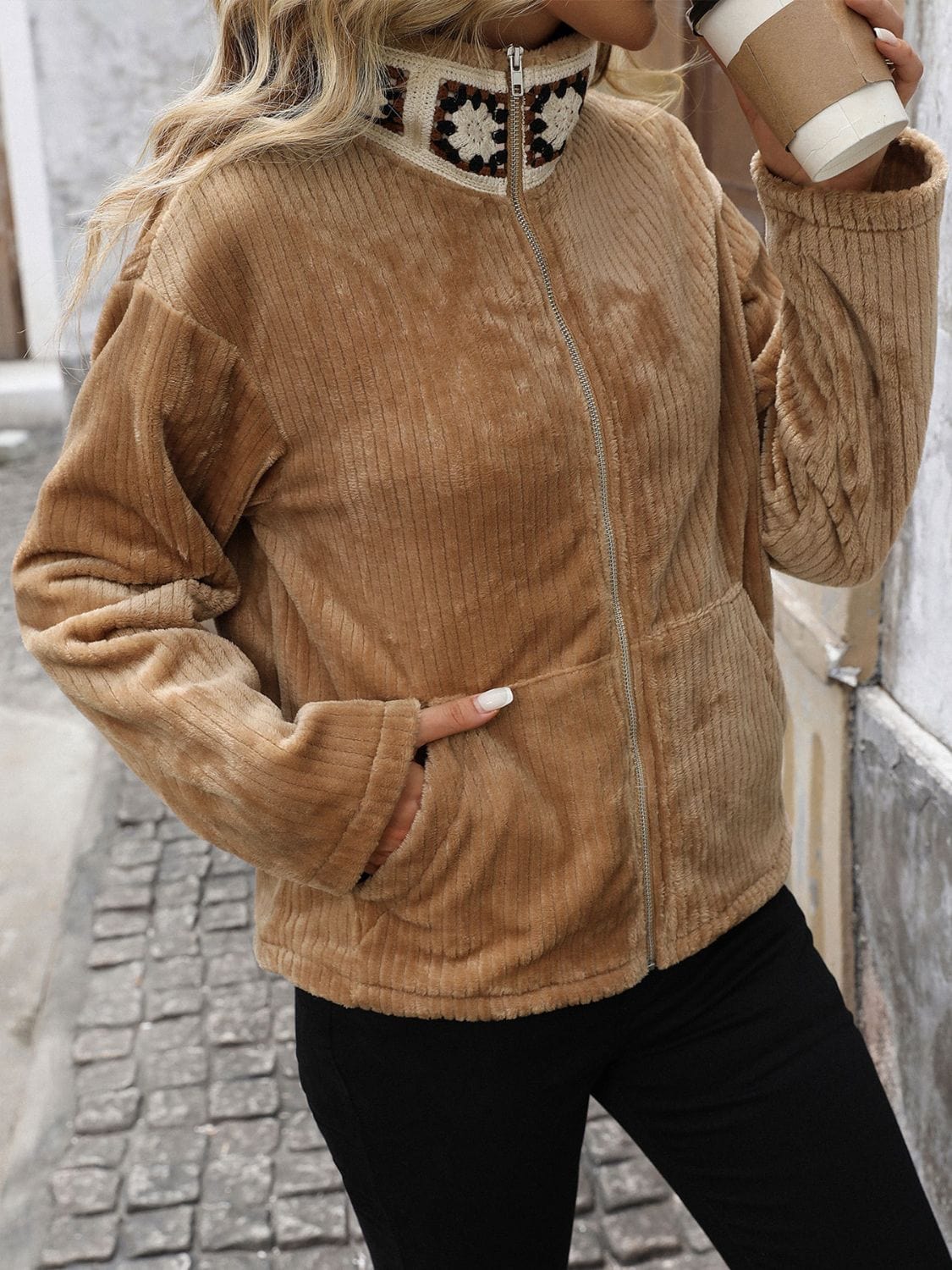 stylub Perfee Pocketed Zip Up Collared Neck Long Sleeve Jacket