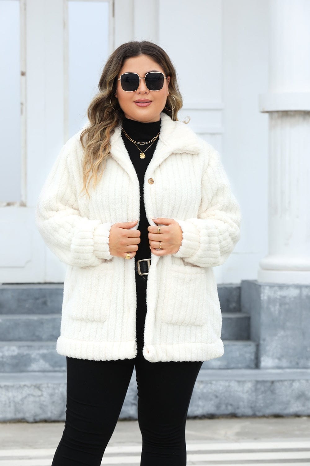 stylub Plus Size Fuzzy Collared Neck Long Sleeve Jacket