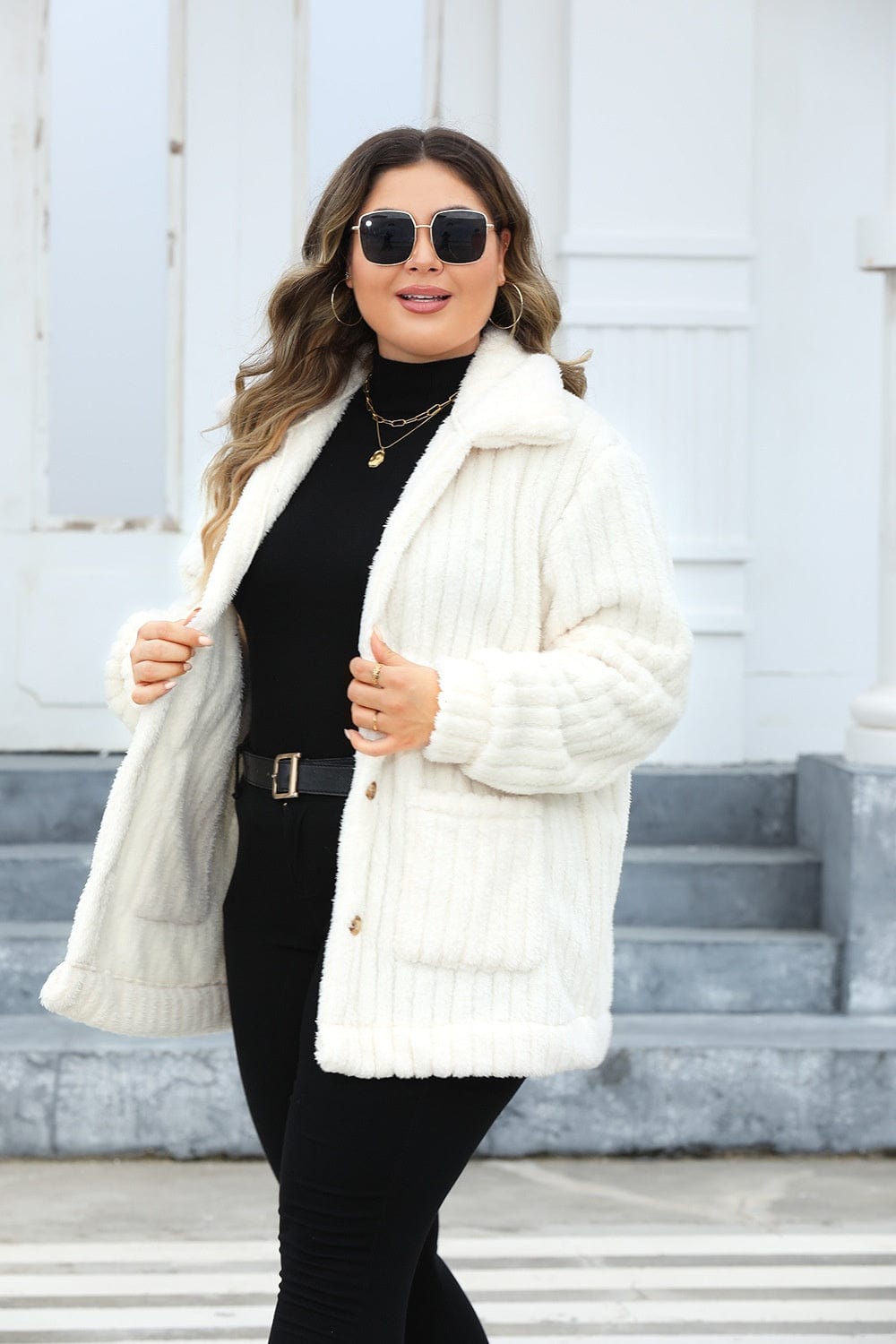stylub Plus Size Fuzzy Collared Neck Long Sleeve Jacket