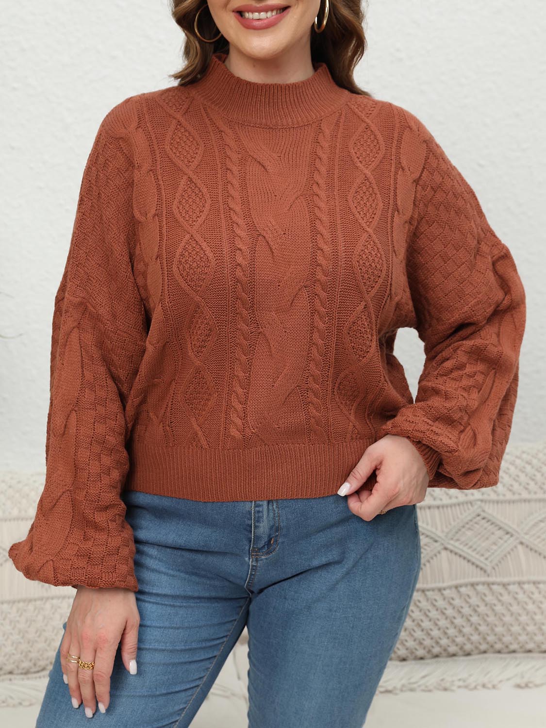 stylub Plus Size Mock Neck Cable Knit Long Sleeve Sweater