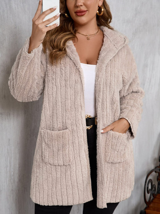 stylub Plus Size Open Front Long Sleeve Hooded Fuzzy Jacket