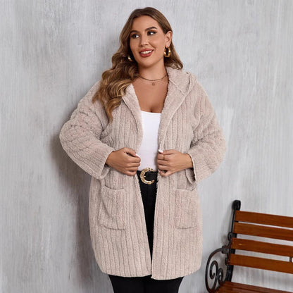 stylub Plus Size Open Front Long Sleeve Hooded Fuzzy Jacket