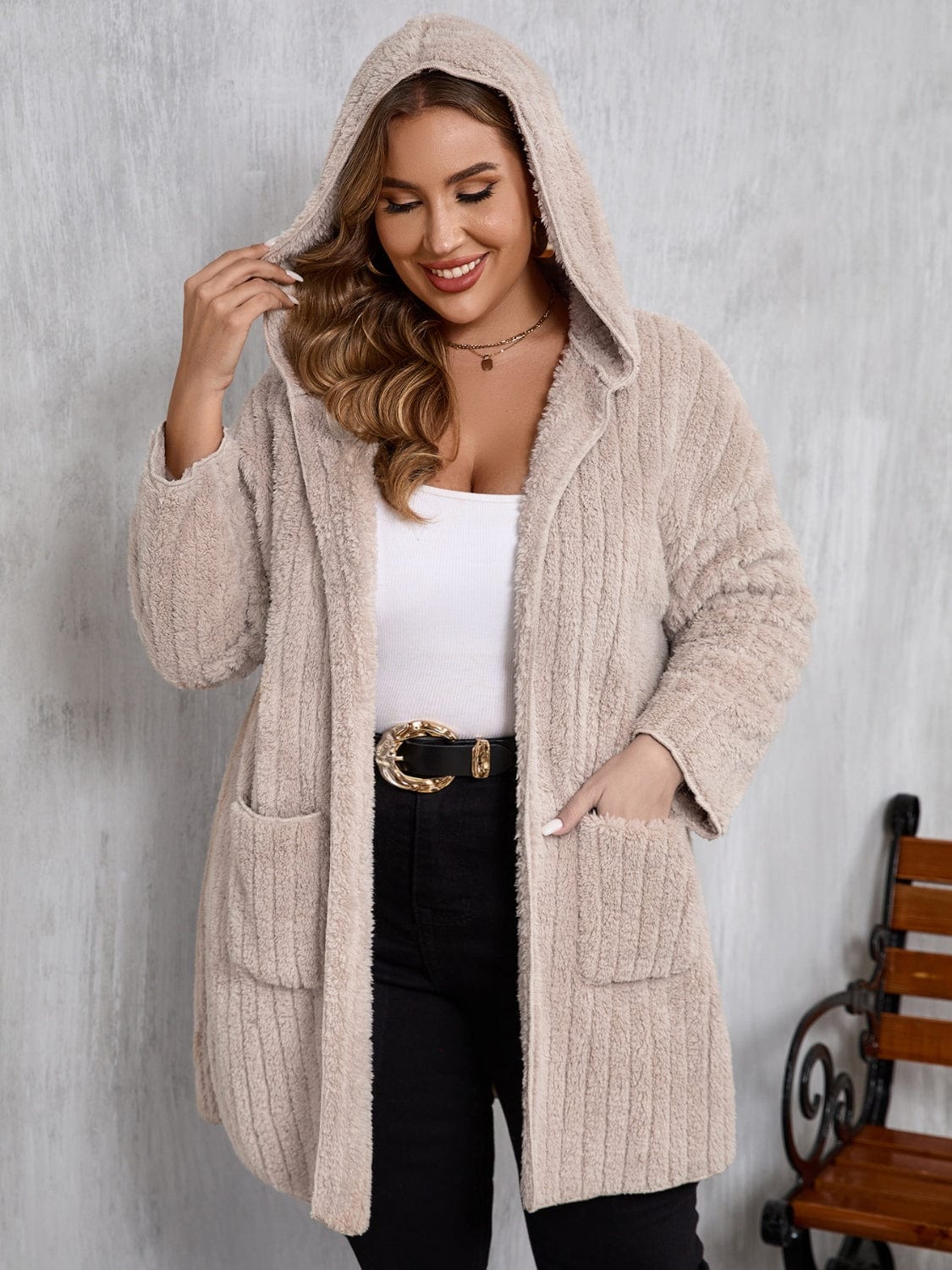 stylub Plus Size Open Front Long Sleeve Hooded Fuzzy Jacket