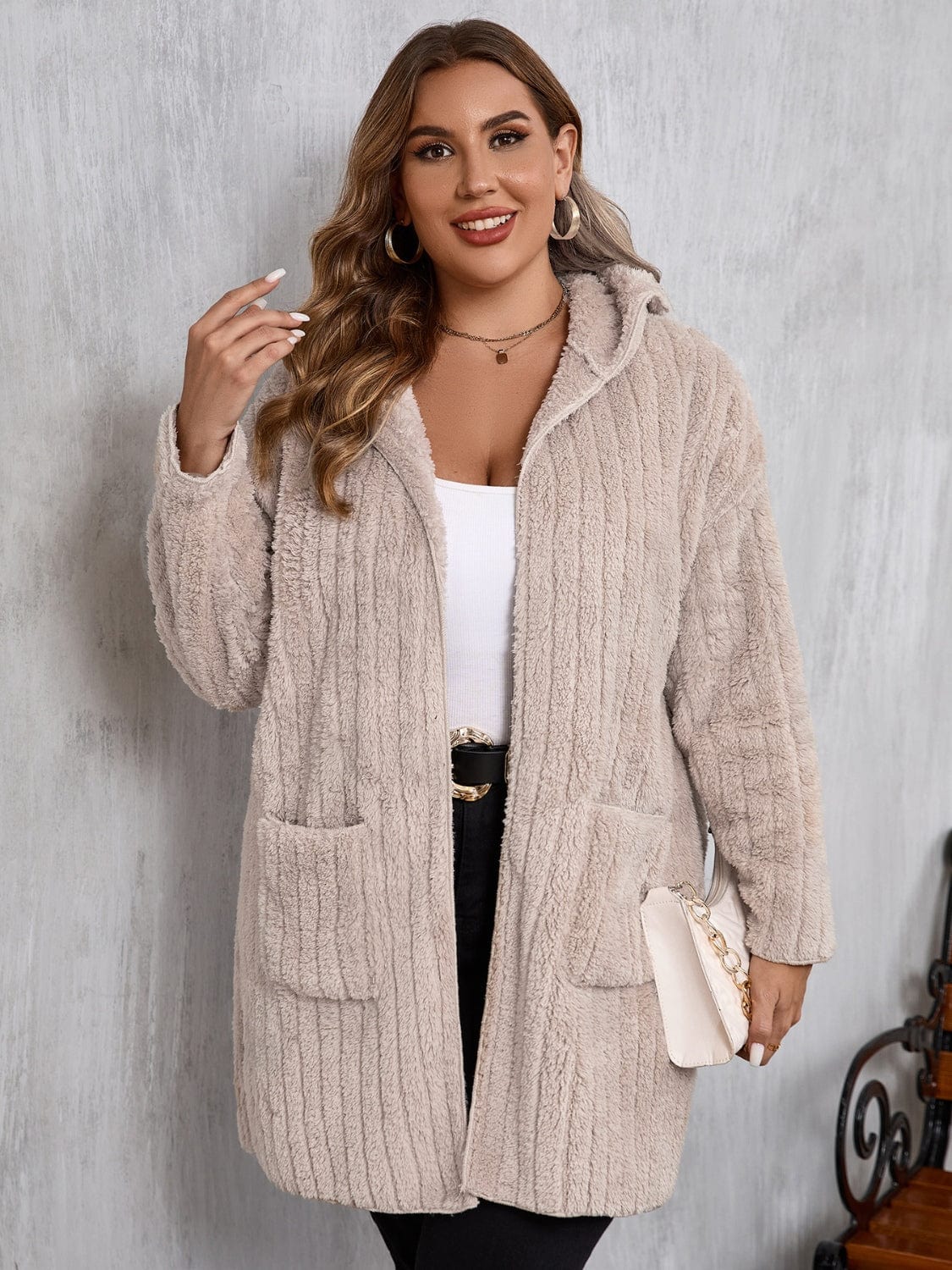 stylub Plus Size Open Front Long Sleeve Hooded Fuzzy Jacket