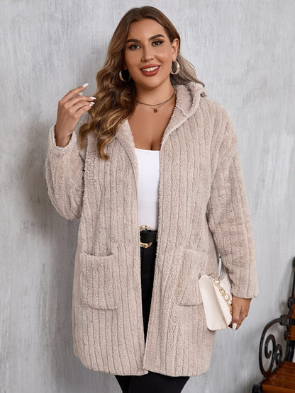 stylub Plus Size Open Front Long Sleeve Hooded Fuzzy Jacket