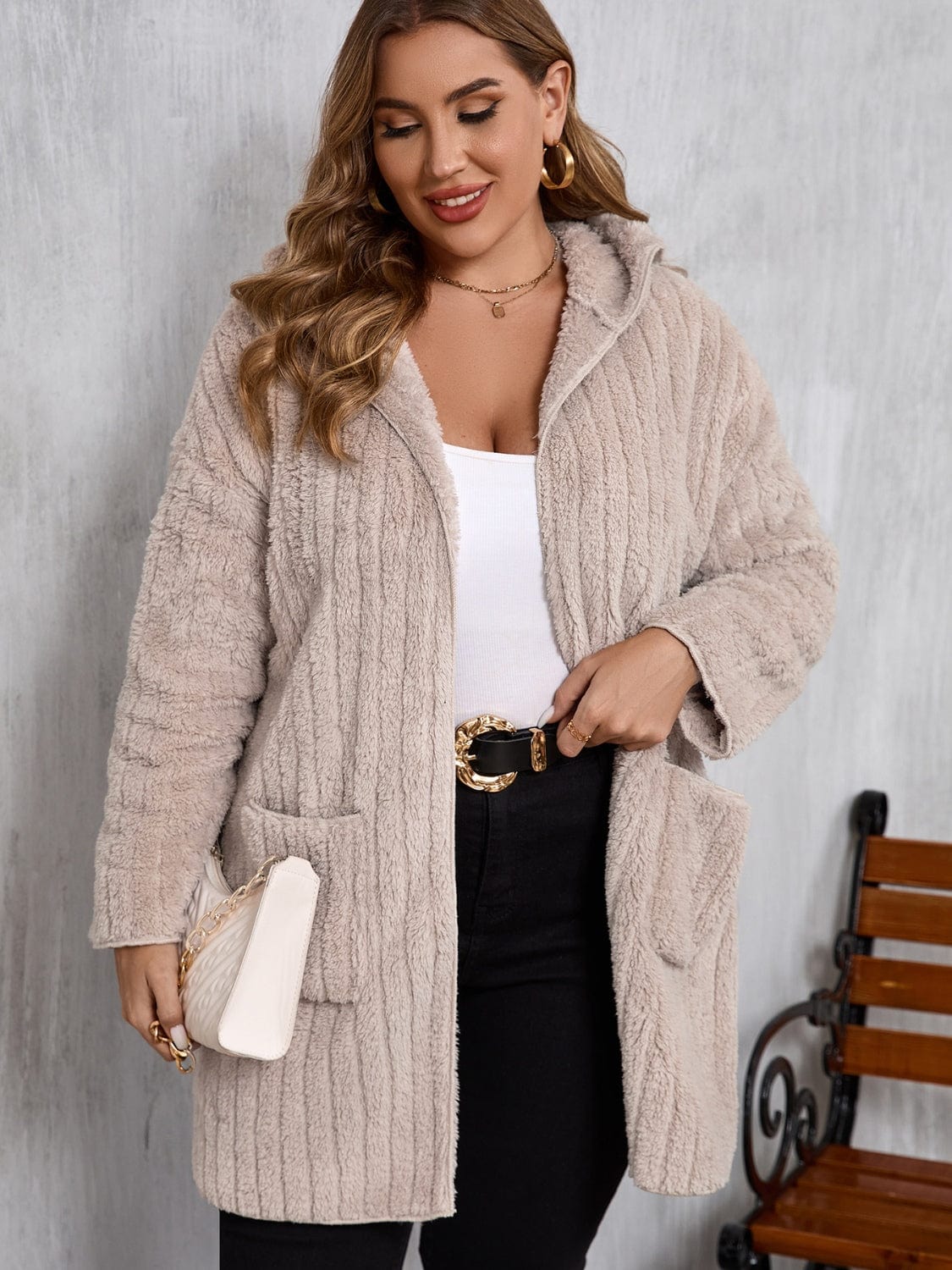 stylub Plus Size Open Front Long Sleeve Hooded Fuzzy Jacket