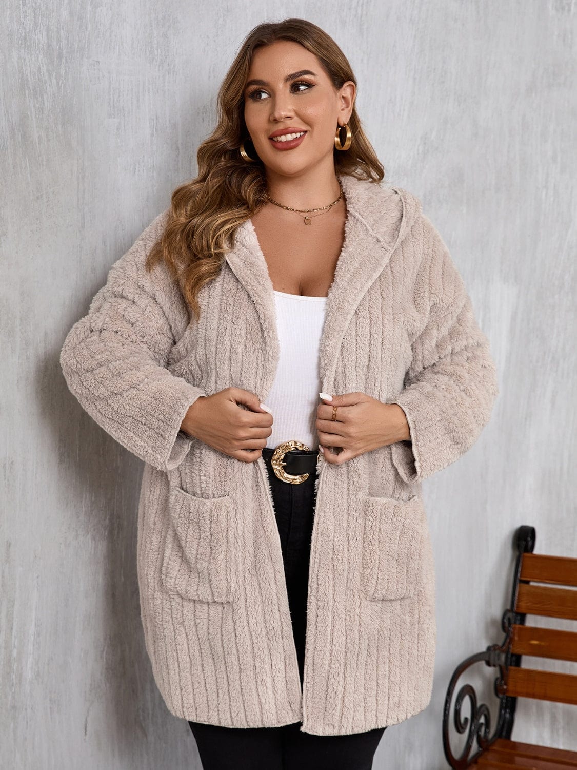 stylub Plus Size Open Front Long Sleeve Hooded Fuzzy Jacket