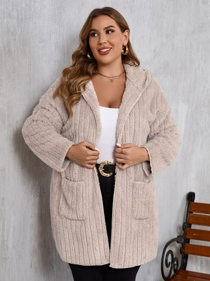 stylub Plus Size Open Front Long Sleeve Hooded Fuzzy Jacket