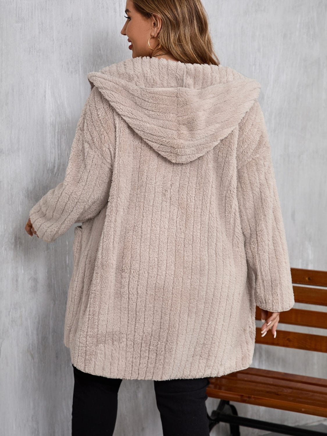 stylub Plus Size Open Front Long Sleeve Hooded Fuzzy Jacket