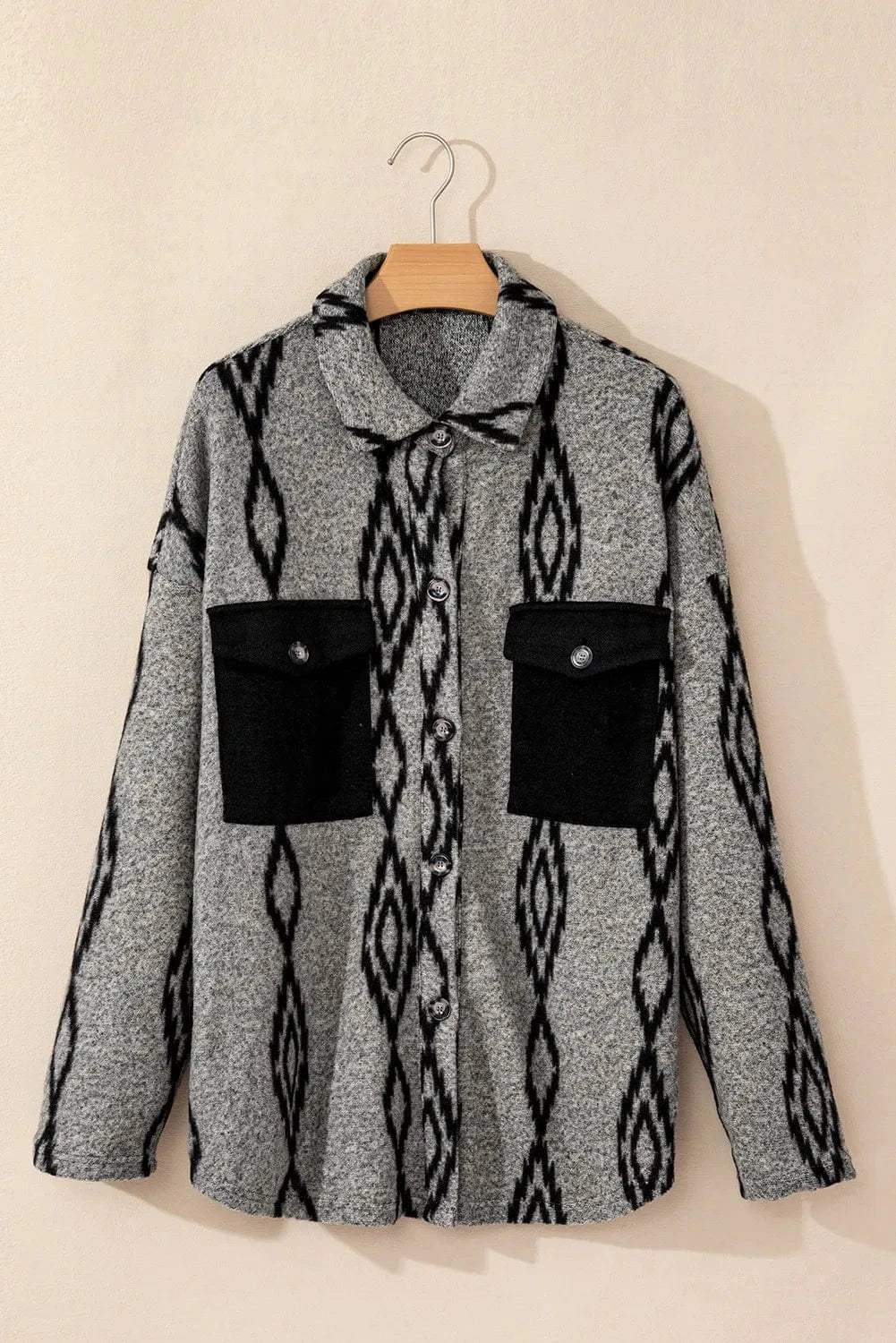 stylub Pocketed Geometric Collared Neck Button Down Shacket