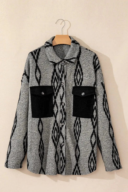 stylub Pocketed Geometric Collared Neck Button Down Shacket