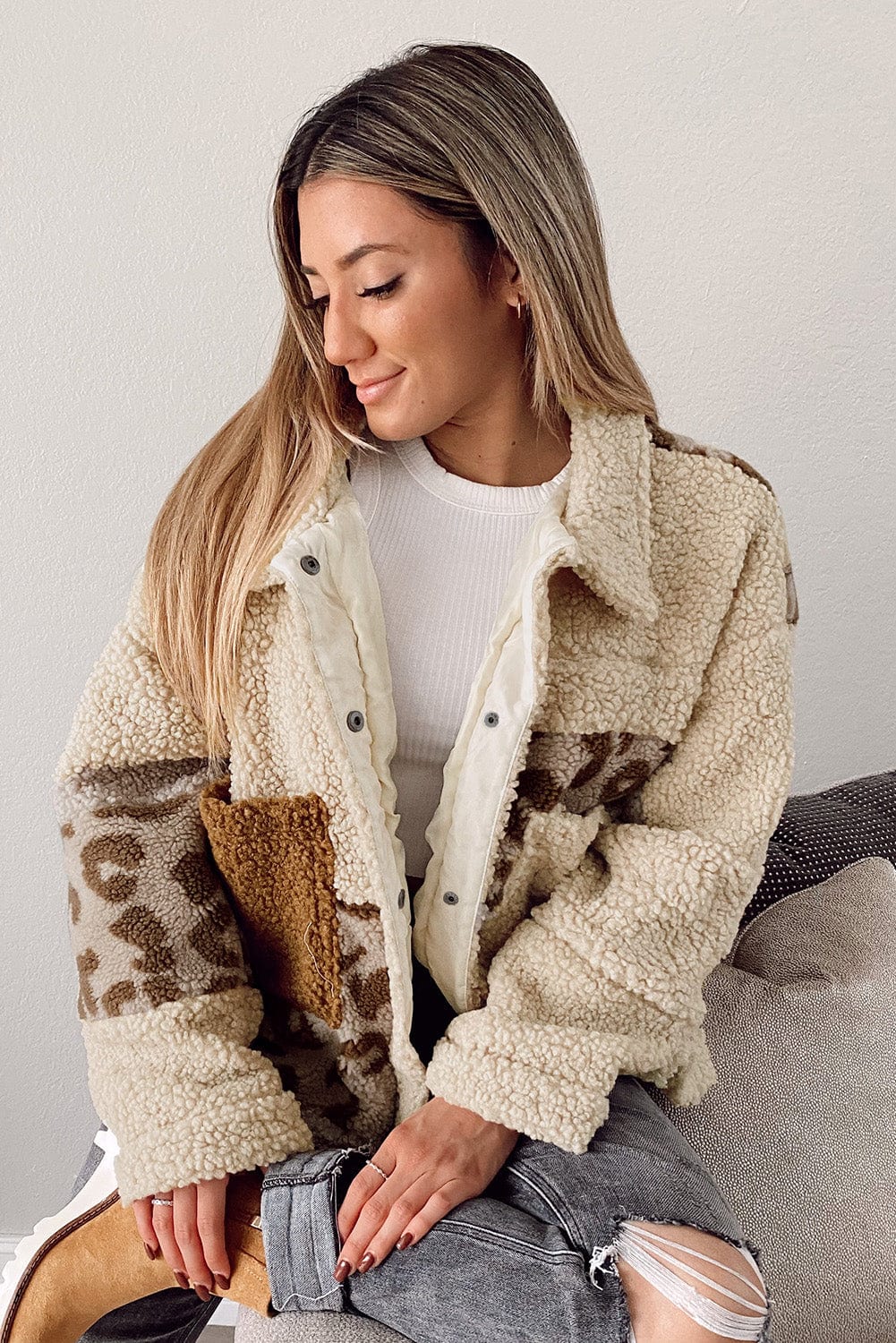 stylub Pocketed Leopard Collared Neck Sherpa Jacket