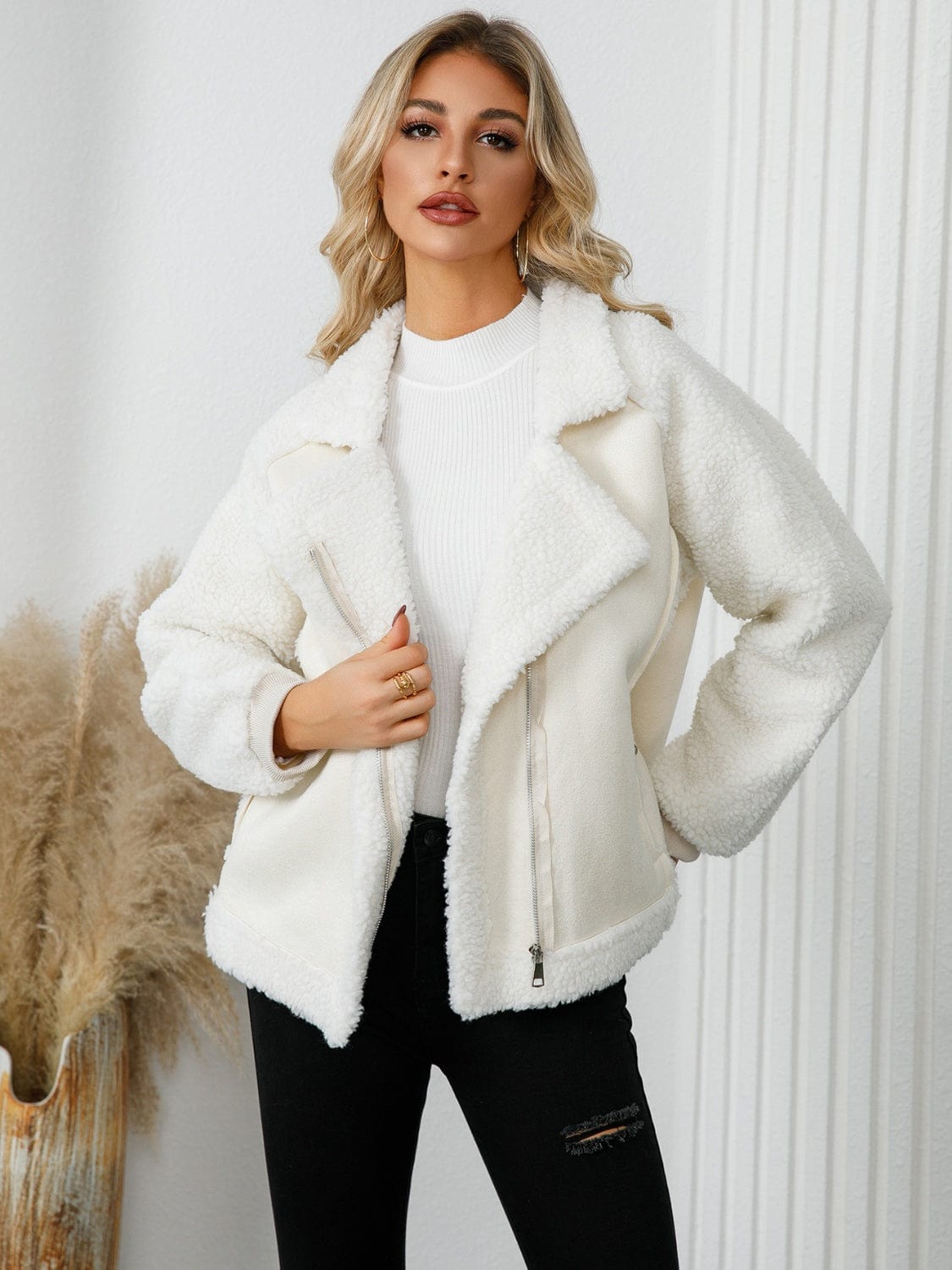 stylub Pocketed Sherpa Zip Up Long Sleeve Jacket