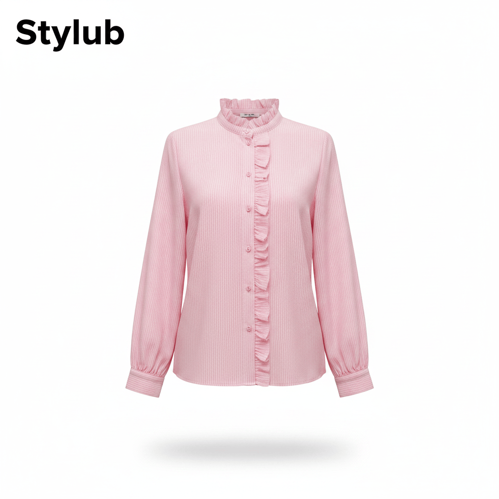 Stylub Ruffle Trim Button-Down Blouse — Long Sleeve Stand Collar Top