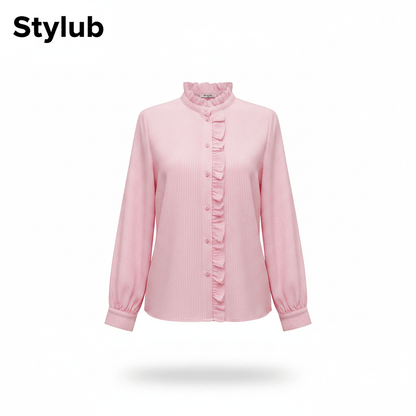 Stylub Ruffle Trim Button-Down Blouse — Long Sleeve Stand Collar Top