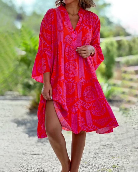 stylub Skylar - Chic V-Neck 3/4 Flared Sleeves Ruffle Hem Dress