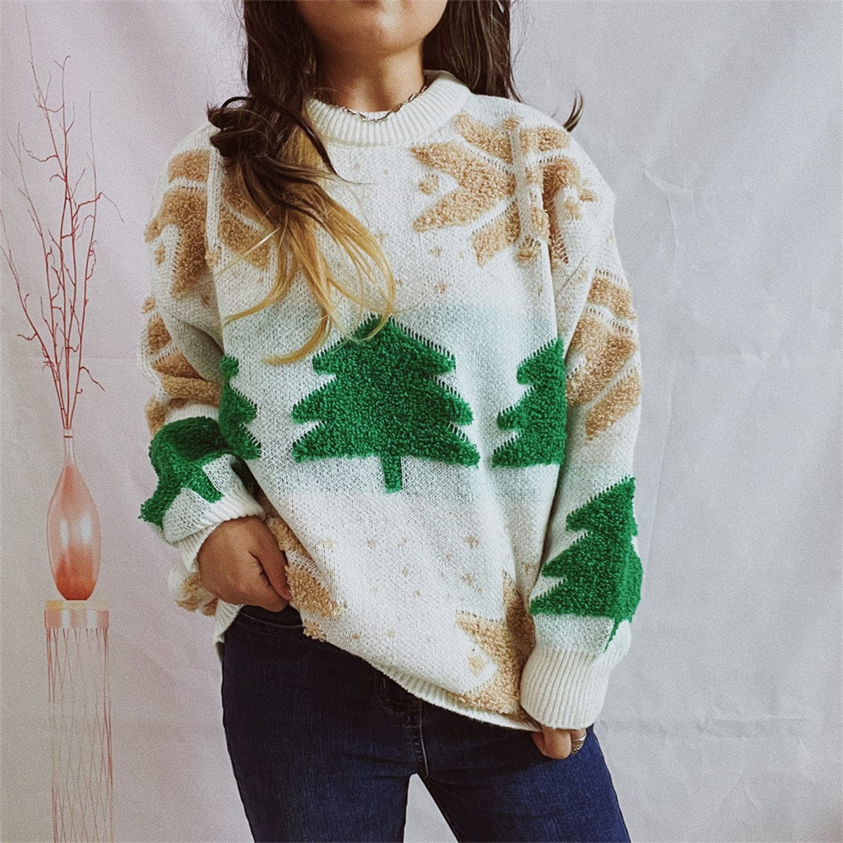 stylub Snowflake Round Neck Long Sleeve Sweater