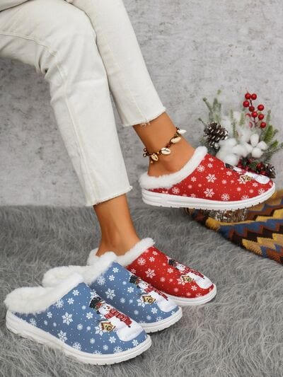 stylub Snowman Print Flat Slippers with Faux Fur
